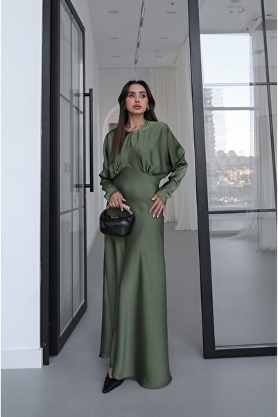 Havoş Khaki Chest Draped Satin Dress
