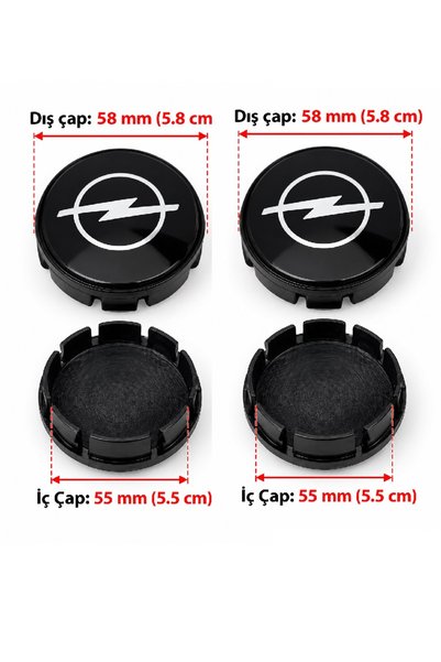 ZeuZ Opel Uyumlu Geçmeli Jant Göbeği Kapak Seti 58 mm - 55 mm (55mm yuva)