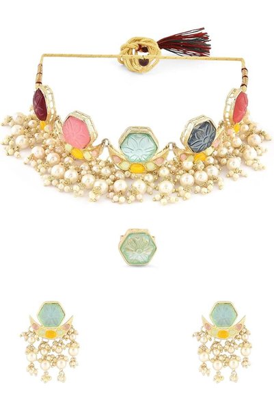ZAVERI PEARLS Multicolor Stones & Cluster Beads Drop Crescent Choker Necklace...