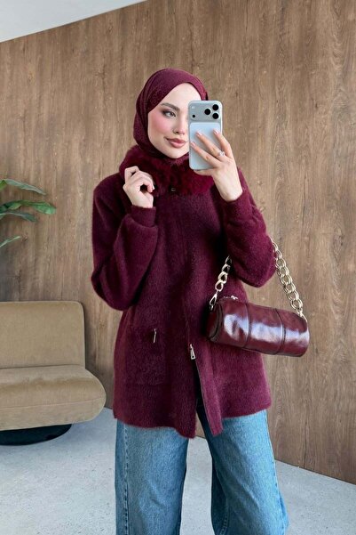 Hazamoda Gökçe Kürklü Angora Hırka Bordo