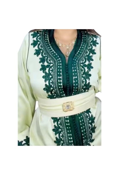 BK jalabiya Luxury Ivory Embroidered Kaftan & Jubba for Women with Dark Green Embroidery & Floral Applique Work, Elegant Kaftan for Occasions