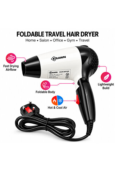KRAWN KW-41008 Foldable Hair Dryer 600W, Hot & Cool Air, Portable Compact Hair Blower for Travel