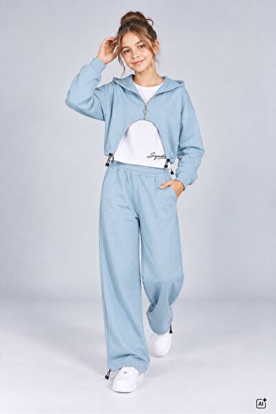 CansınMini Blue Girl's Zippered Bolero Wide Leg Zero Sleeve Blouse 3-Piece Se...