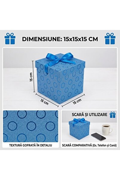 ELdepo Cutie Cadou Premium 15x15x15cm, cu Capac si Funda, Textura Eleganta Gofrata, Albastru