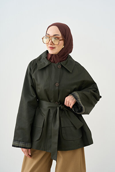 LOCCO Women's Plaid Lined 4-Pocket Waist-Tie Trench Coat Khaki Green