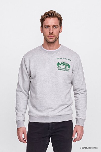 AC&Co / Altınyıldız Classics Erkek Gri Melanj 3 İplik İçi Sıcak Tutan Polarlı Standart Fit Bisiklet Yaka Pamuklu Sweatshirt