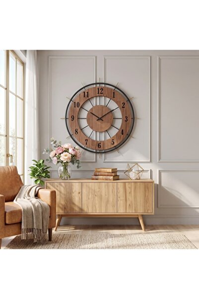 ELdepo Ceas de Perete, cu Design Radial, Metal și MDF, Nuanță Stejar Închis, Silențios, 55 cm