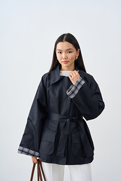 LOCCO Women's Plaid Lined 4-Pocket Waist-Tie Trench Coat Navy Blue