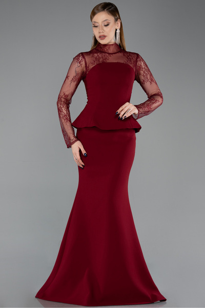Abiyefon Bordo Dantelli Uzun Kol Peplum Balık Abiye Elbise ABU6194