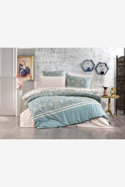 CANDAN ÇEYİZ Azure Desen Lastikli Çarşaflı Çift Kişilik Premium Nevresim Takımı