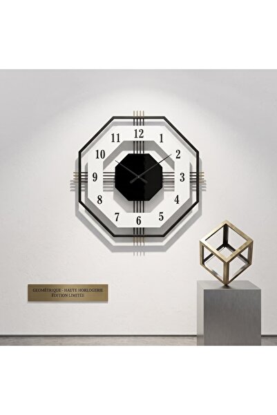 ELdepo Ceas de perete decorativ, metal și MDF, design geometric 3D octogonal, cadran deschis, mecanism Quar