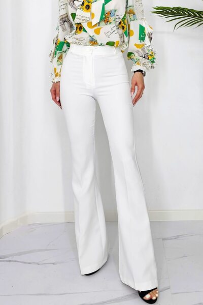 velve Pantaloni eleganti, Katte, croiala evazata si talie inalta, Alb, Marimea XL