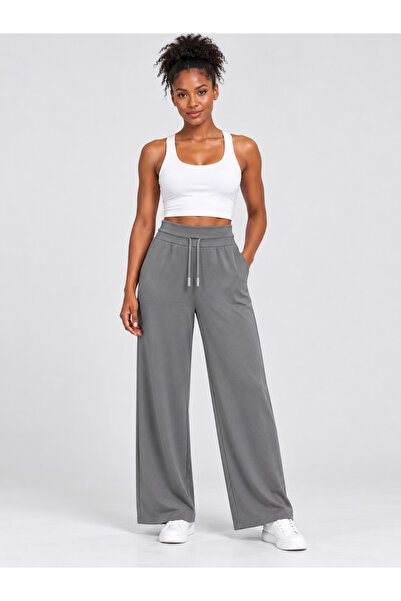 De Carte Women's High Waist Modal Fabric Wide Leg Lace-Up Sweatpants with Dou...