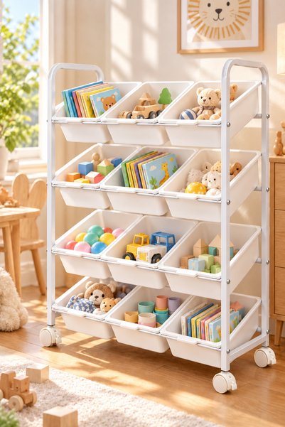 Shangxing Kids' Toy Storage Rack (with 12 removable bins and casters), 4-Tier...