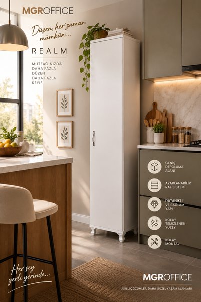 Mgr Office REALM Çok Amaçlı Tek Kapaklı 5 Raflı Mutfak Erzak ve Banyo Dolabı BEYAZ