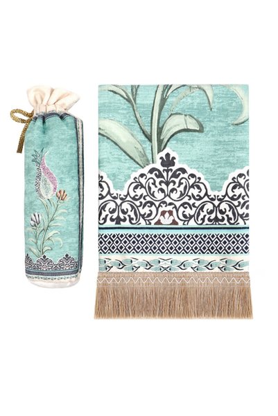 Bursa İpek Water Green Tulip Pattern Velvet Prayer Rug