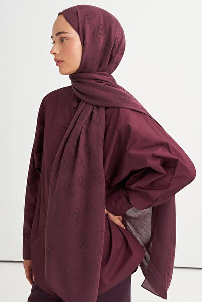 carell Șal din viscoză din lână Tencel cu model monogramă, Prune închisă