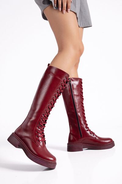 Hayalimdeki Ayakkabı Women's Burgundy Leather Lace-Up Side Zipper Casual Boots