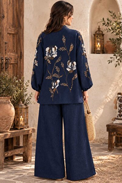 Lavanta Tekstil Set de pantaloni kimono cu design brodat cu mărgele