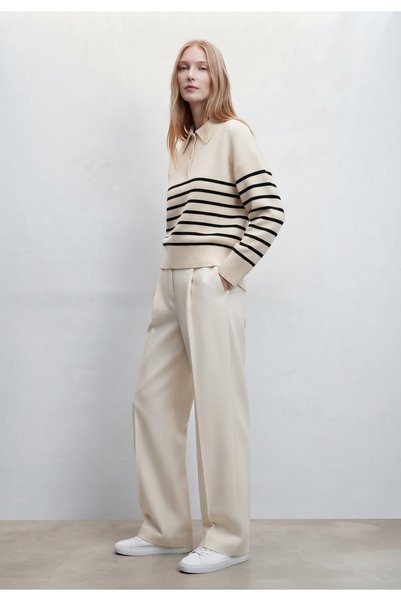 soft&basic Women's Striped Polo Collar Side Slit Buttoned Oversize Knit Sweater