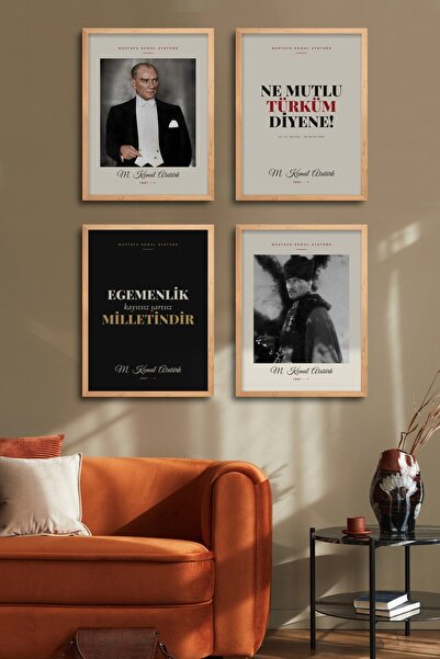 HOMEPACK Set de 4 tablouri înrămate cu portretul și citatele lui Atatürk, dec...