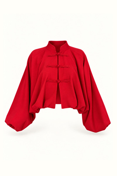 Sezgi Tekin Red Bomber Jacket with Knot Buttons