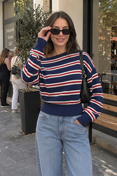 SAYZEN YOUR SHİNE Trendy Crew Neck Striped Women's Knitwear Sweater
