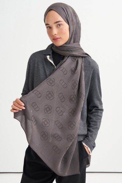 carell Monogram pattern tencel wool viscose shawl dark grey