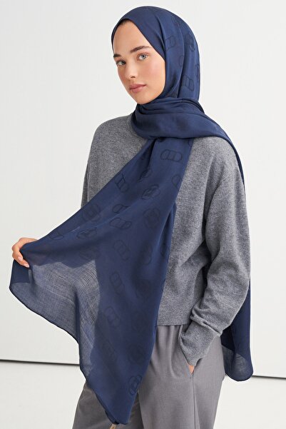 carell Șal din viscoză din lână Tencel cu model monogramă, albastru marin
