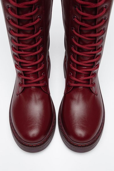 Hayalimdeki Ayakkabı Women's Burgundy Leather Lace-Up Side Zipper Casual Boots