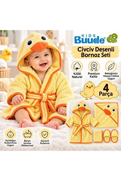 Pamuklu Civciv Desenli Yumuşak Havlu Kumaş Kapüşonlu Erkek Bebek 4 Parça Bornoz Banyo Seti 0-24 Ay