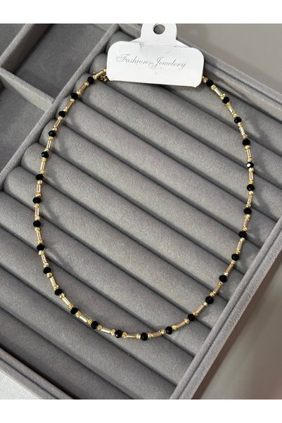 MODA Gold Black Crystal Beaded Dorica Detailed Italian Model Thin Necklace