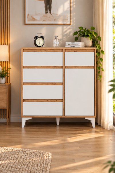 Evdemo Nola 5 Çekmece 1 Kapak Şifonyer Beyaz Atlantik Çam