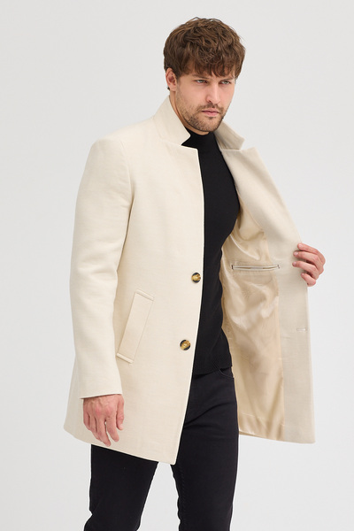 MODAMESTO Men's Cream Cashmere Coat Slim Fit Stand Collar Winter Coat