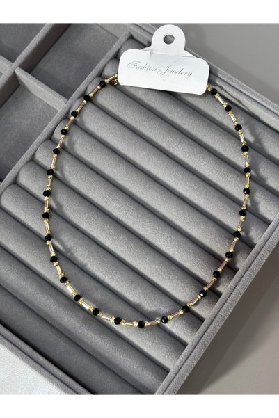 MODA Gold Black Crystal Beaded Dorica Detailed Italian Model Thin Necklace