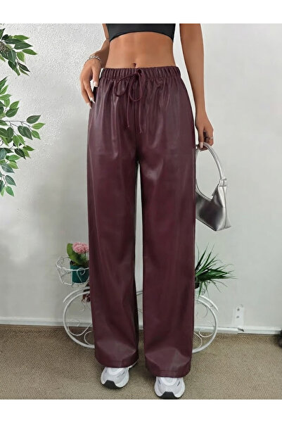 JANES Pantaloni de damă din piele cu talie înaltă, cu elastic la talie, cu și...