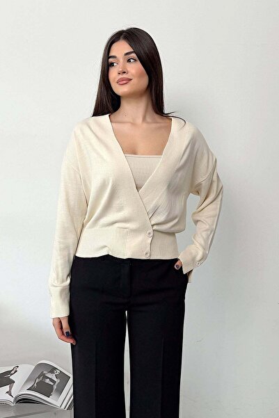 JEE LEE Women's Double-Breasted Collar Detailed Cardigan Tan - 27K 2655