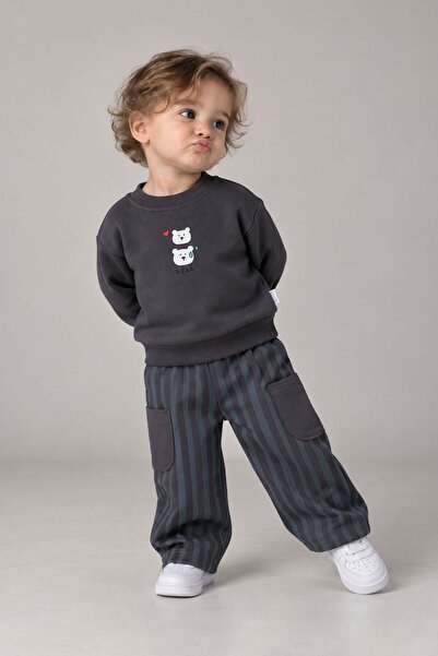 SEENJOB KİDS Simit Yaka Bear Baskılı Sweatshirt/Çizgili Cep Detaylı Bol Paça ...