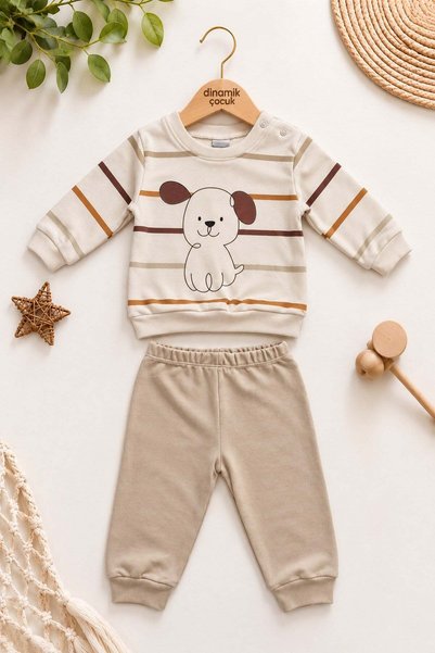 dinamik çocuk Baby Boy Striped Dog Printed Snap-Back Sweatshirt 2-Piece Top a...