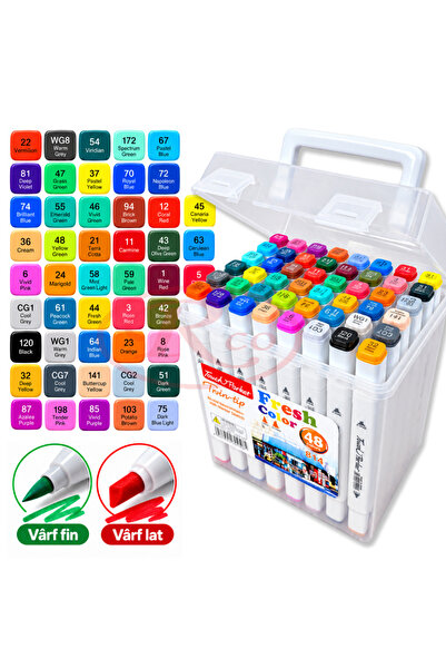 RCO Set 48 markere tip carioci colorate cu doua capete, cerneala pe baza de a...