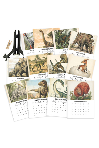 BUNILU Calendar de Masa 2027 cu Suport Negru, Calendar de Birou cu Dinozauri, 12 File