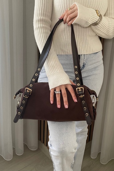 Fibag Women's Brown Suede Shoulder Bag - Hand and Shoulder Bag with Gold Detailed Interior Lining