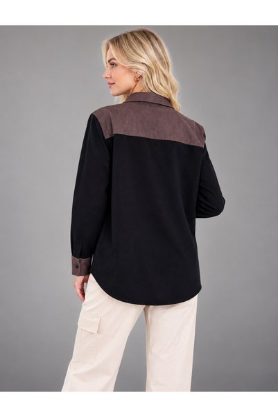 duygu altıntaş Women's Black and Brown Garnished Snap Button Oversize Shirt – Western Style Long Sleeve Stylish Shirt
