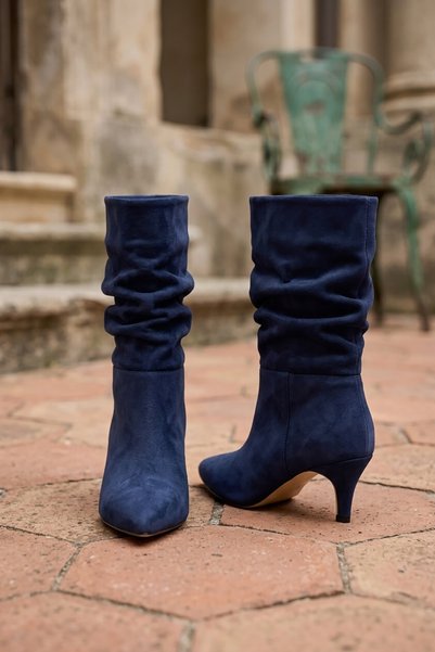 DİVOLYA Sophia Short Length Navy Blue Suede Bellows (7 cm Heel) Pull-On Casual Women's Boots