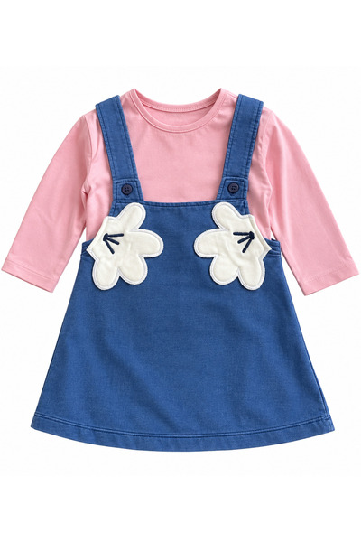 Deco Kids Wear Deco Kids Kız Çocuk Pembe Uzun Kollu Bluzlu Mavi Salopet Elbis...
