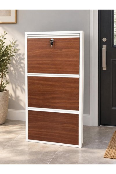 Karlı Home 3 Lü Beyaz Kilitli Ahşap/Metal Kapaklı Ayakkabılık Kemençe Şık Tasarım 6 Çift Kapasiteli