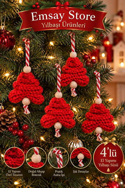 Emsay Store Set de 4 ornamente de brad de Crăciun lucrate manual – Decor de C...