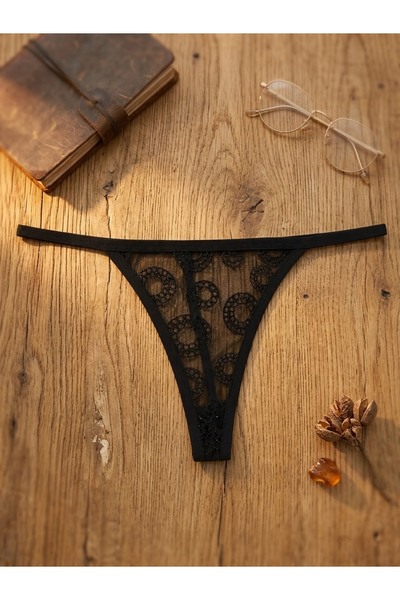Hmd Desenli Siyah String Tanga | Polyester Transparan İç Giyim