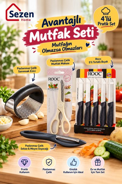 SEZEN HOME Avantajlı Mutfak Seti – ROOC 5'li Tırtıklı Bıçak Seti, Mutfak Maka...