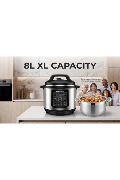 Arzum Electric Pressure Cooker 8L, 1200W Multi Cooker (20 Presets) – Slow Cooker, Rice Cooker & Steamer with Non-Stick Pot, 9-in-1 Safety & Cookbook, Black